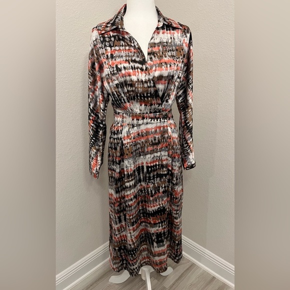 see u soon Dresses & Skirts - See U Soon Women's A-Line Faux Wrap Midi Dress w/Long Sleeves in Gray & Coral S